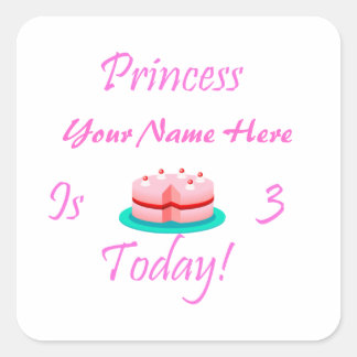 Adesivo Quadrado Princesa (Seu Nome) é 3 hoje
