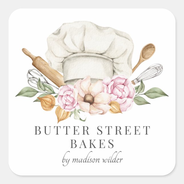 Adesivo Quadrado Produtos de pastelaria Chef de Chapéus e Utensílio (Frente)