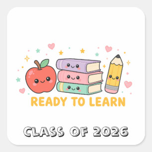 Adesivo Quadrado Pronto Para Aprender Maçã Escolar Kawaii