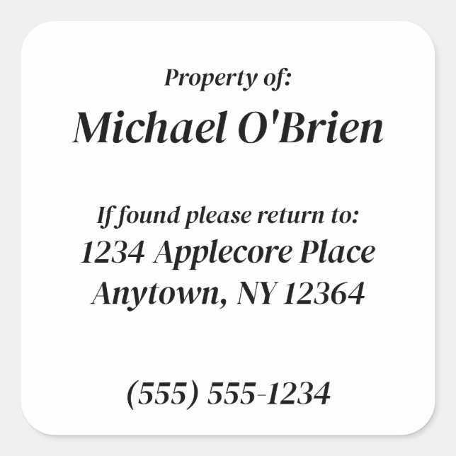 Adesivo Quadrado Propriedade Personalizada de Informações Personali (Frente)