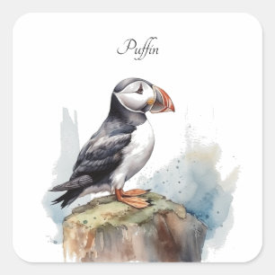 Adesivo Quadrado Puffin em uma Rocha Aquarela, personalizado