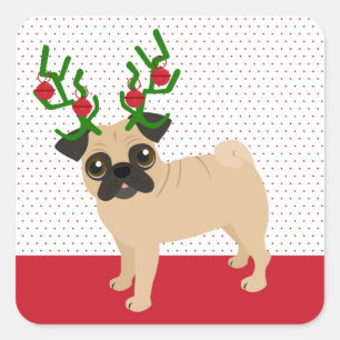 Adesivo Quadrado Pug bonito de Bels de tinir com Natal dos Antlers