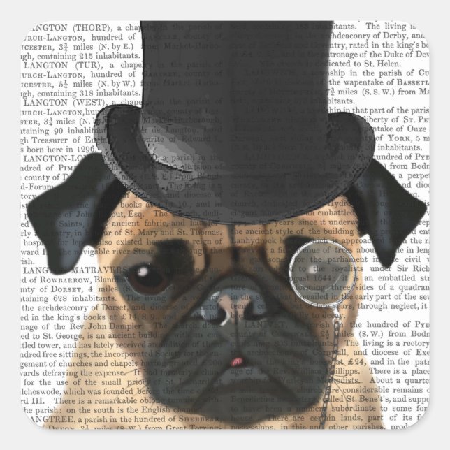 Adesivo Quadrado Pug, Chapéu Formal e Chapéu (Frente)
