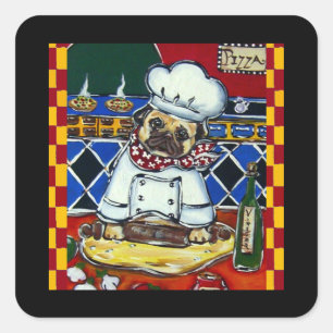 Adesivo Quadrado Pug Chef de Pizza