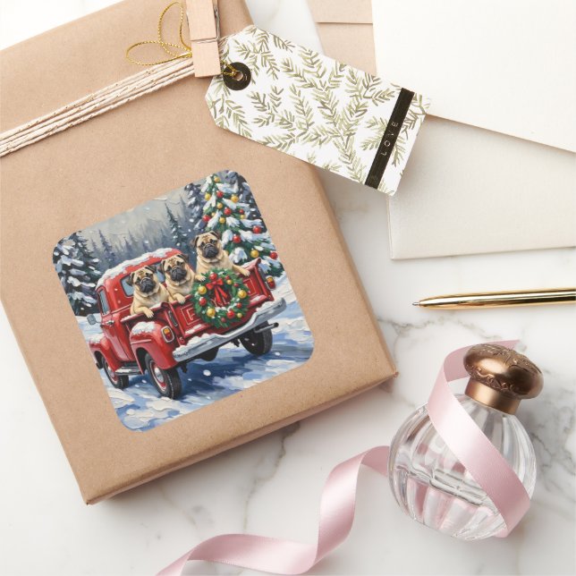 Adesivo Quadrado Pug Christmas Red Truck Holiday (Presentear)