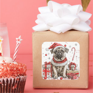 Adesivo Quadrado Pug com Fantasia de Elfo com Cana de Açúcar