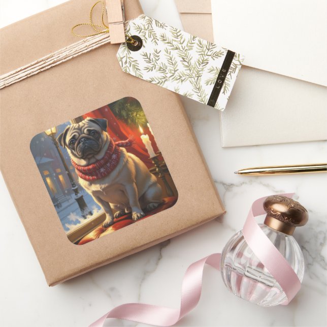 Adesivo Quadrado Pug com Férias das Luzes de Natal (Presentear)