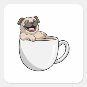 Adesivo Quadrado Pug com Xícara de Café