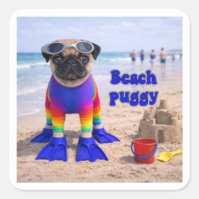 Adesivo Quadrado Pug de Praia (Frente)