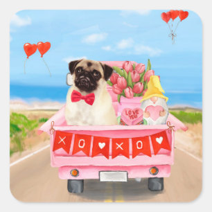 Adesivo Quadrado Pug Dog Dia de os namorados Truck Hearts