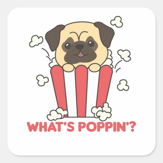 Adesivo Quadrado Pug Dog Popcorn Whats Poppin Funny (Frente)