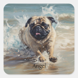 Adesivo Quadrado Pug Feliz na Praia personalizável