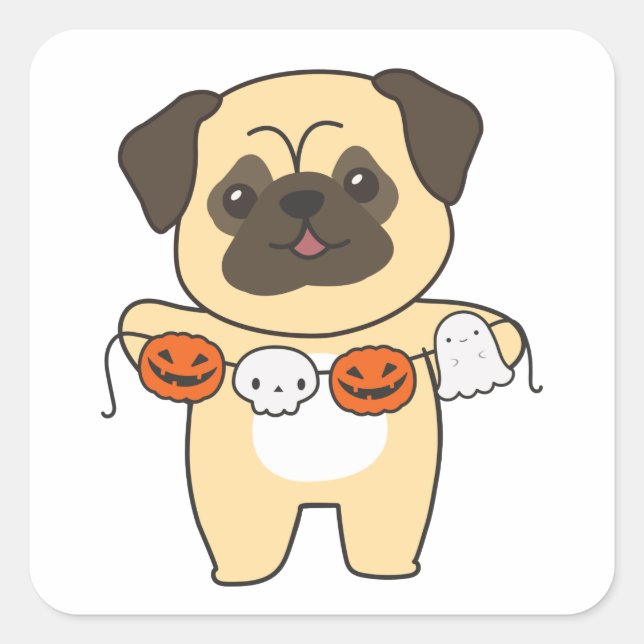 Adesivo Quadrado Pug Happy Halloween Dog Costume Square Sticker (Frente)