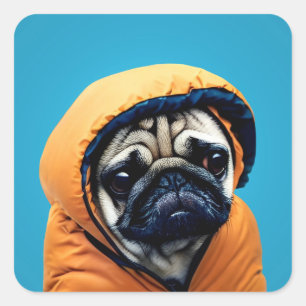 Adesivo Quadrado Pug in puffer jaqueta quadrado