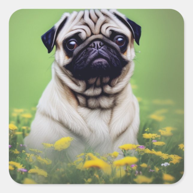 Adesivo Quadrado Pug no campo das flores (Frente)
