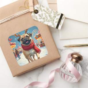 Adesivo Quadrado Pug no Parque de Inverno Natal Pintura