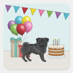 Adesivo Quadrado Pug Preto Fofo Cartoon Cão Colorido Aniversário