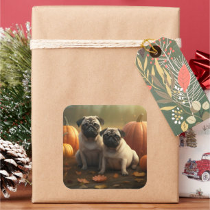 Adesivo Quadrado Pug Puppy Autumn Delight Pumpkin