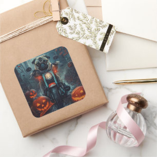 Adesivo Quadrado Pug Riding Motorcycle Halloween Scary