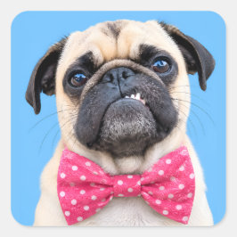 Adesivo Quadrado Pug Usando Laço Rosa