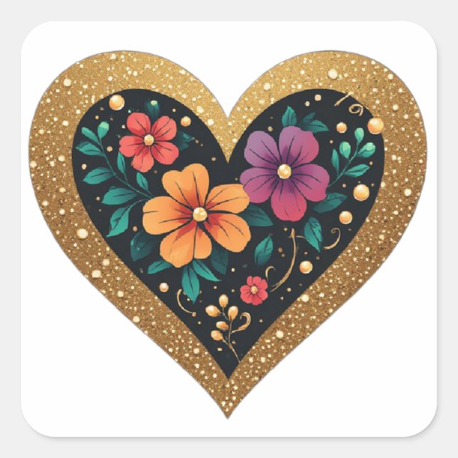 Adesivo Quadrado 💖 Pulseira Floral de Coração com Pérolas Ideia de (Frente)