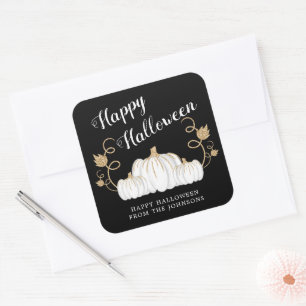 Adesivo Quadrado Pumpkin Branco e Bonito Feliz Dia das Bruxas Negro