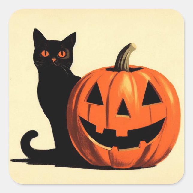 Adesivo Quadrado Pumpkin e Gato Preto do Halloween (Frente)