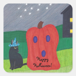Adesivo Quadrado Pumpkin Ghost and Wizard Cat Halloween Stickers