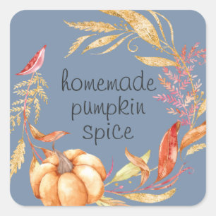 Adesivo Quadrado Pumpkin Homemade Spice Watercolor Foliage Blue