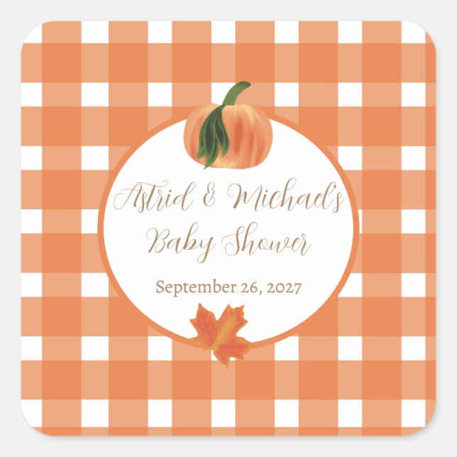 Adesivo Quadrado Pumpkin Orange Gingham Fall Chá de fraldas (Frente)