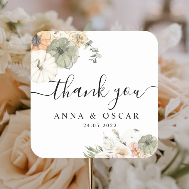 Adesivo Quadrado Pumpkins e Flores Modernos de Aquarela (Criador carregado)