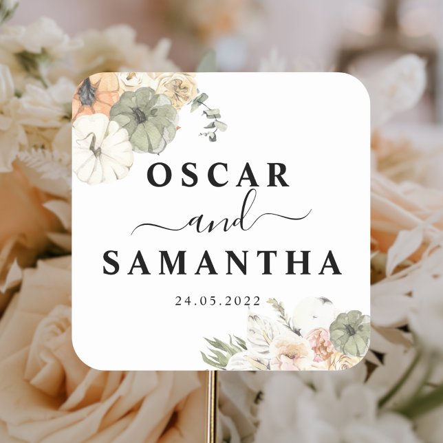 Adesivo Quadrado Pumpkins e Flores Modernos de Aquarela (Criador carregado)