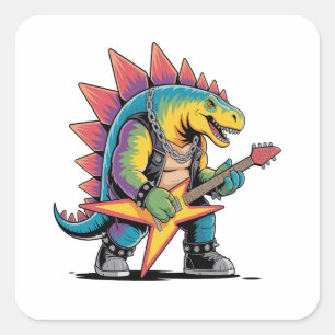Adesivo Quadrado Punk Rock Stegosaurus Dinossaur Tocando Violão