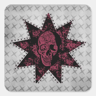 Adesivo Quadrado Punk Skull Square Stickers, Preto e Rosa Escuro