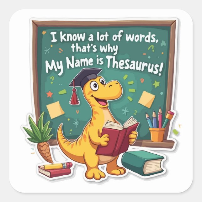 Adesivo Quadrado Punny Dinosaur Thesaurus 'Assistente de Palavras' (Frente)