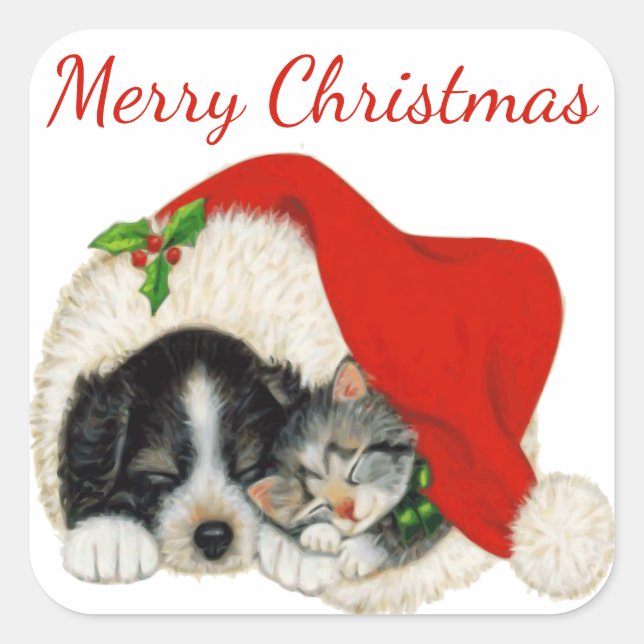 Adesivo Quadrado Puppy e Kitten Merry Christmas Sticker (Frente)