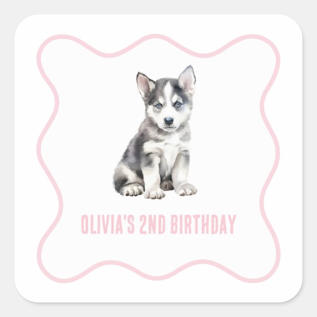 Adesivo Quadrado Puppy husky preppy pink plaid birthday (Frente)