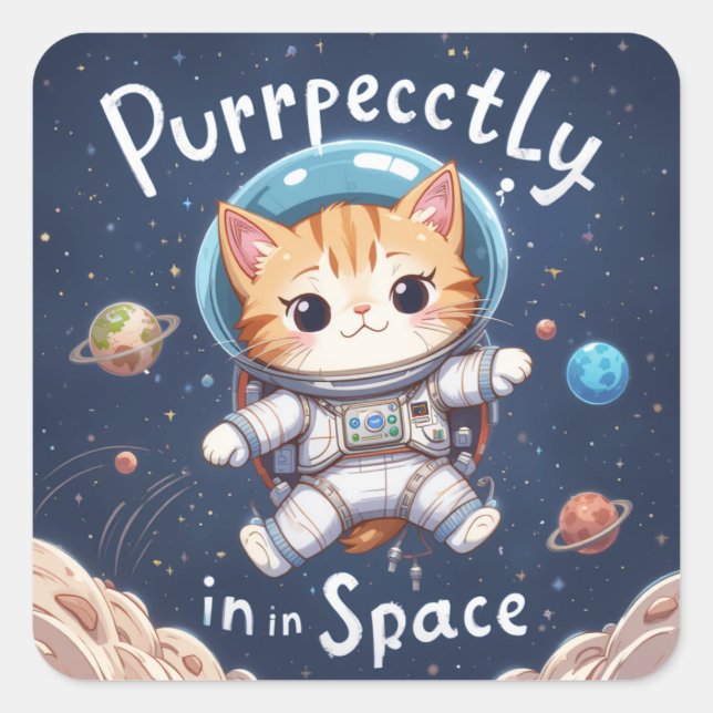 Adesivo Quadrado Puramente no Espaço Astronauta Cuta Kawaii (Frente)