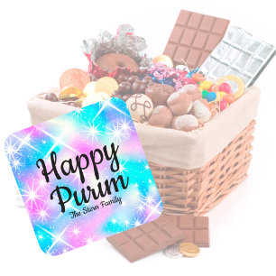 Adesivo Quadrado Purim Feliz de Pastel Mishloach Manot Sparkle Pers