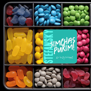 Adesivo Quadrado Purim Feliz Trendy Mishloach Manot Label em Teal