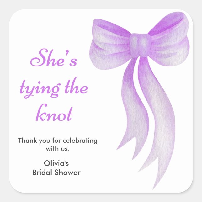 Adesivo Quadrado Purple Bow She's Tying the Knot Bridal Shower   (Frente)