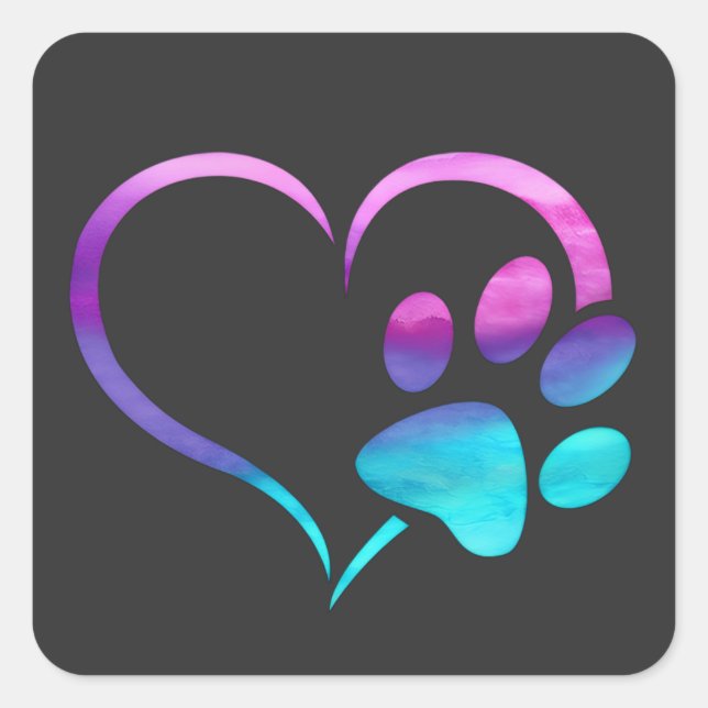 Adesivo Quadrado Purple Cyan Dog paw Print Heart  (Frente)