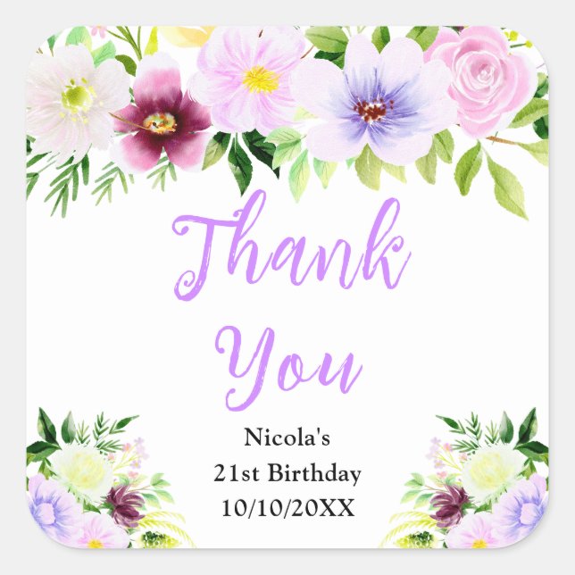 Adesivo Quadrado Purple Flowers and Foliage Birthday Thank You (Frente)