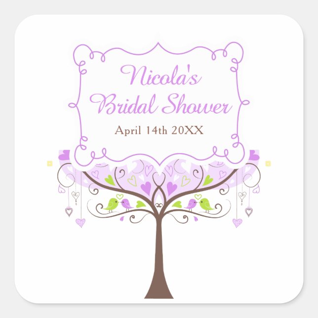 Adesivo Quadrado Purple & Green Floral Bird Bridal Shower  (Frente)