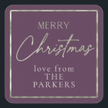 Adesivo Quadrado Purple Green Merry Christmas ID1009<br><div class="desc">Se você está se perguntando que combinações de cores escolher para sua decoração de Natal e presentes este ano, eu criei coleções de padrões coordenadores para tornar a vida um pouco mais fácil. Este adesivo "Feliz Natal" apresenta um fundo roxo de beringela profundo e um texto verde-oliva com modelo para...</div>