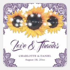 Adesivo Quadrado Purple Rustic Sunflower Wedding Thank You