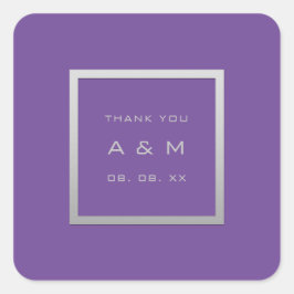 Adesivo Quadrado Púrpura de Casamento de Prata de Obrigado monogram