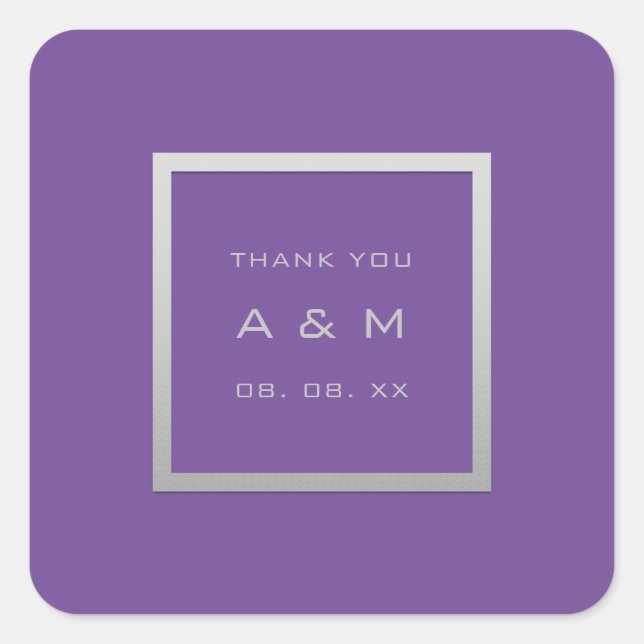 Adesivo Quadrado Púrpura de Casamento de Prata de Obrigado monogram (Frente)