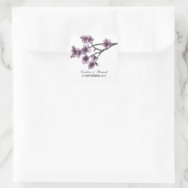 Adesivo Quadrado Púrpura Flores de Cereja Simples (Bolsa)