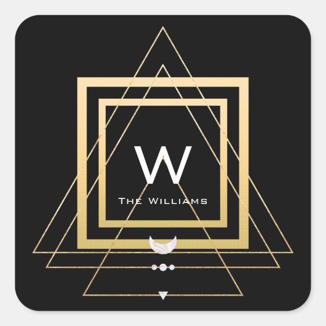 Adesivo Quadrado Quadrado de Monograma Moldura Dourada Minimalismo  (Frente)